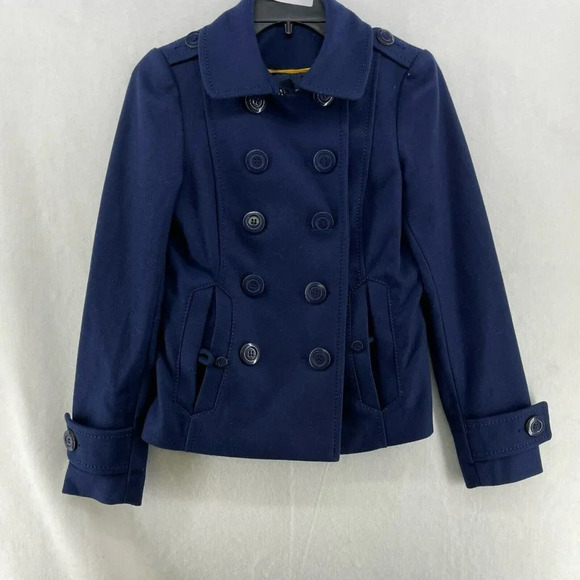 H&M Divided Pea Coat Women Sz 6 Navy Blue Collared Double Breasted Button Pocket - Picture 1 of 12